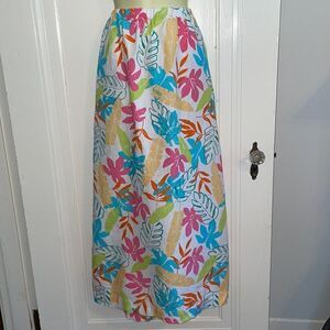 Hot Cotton linen maxi skirt with multi colored tropical leaf design